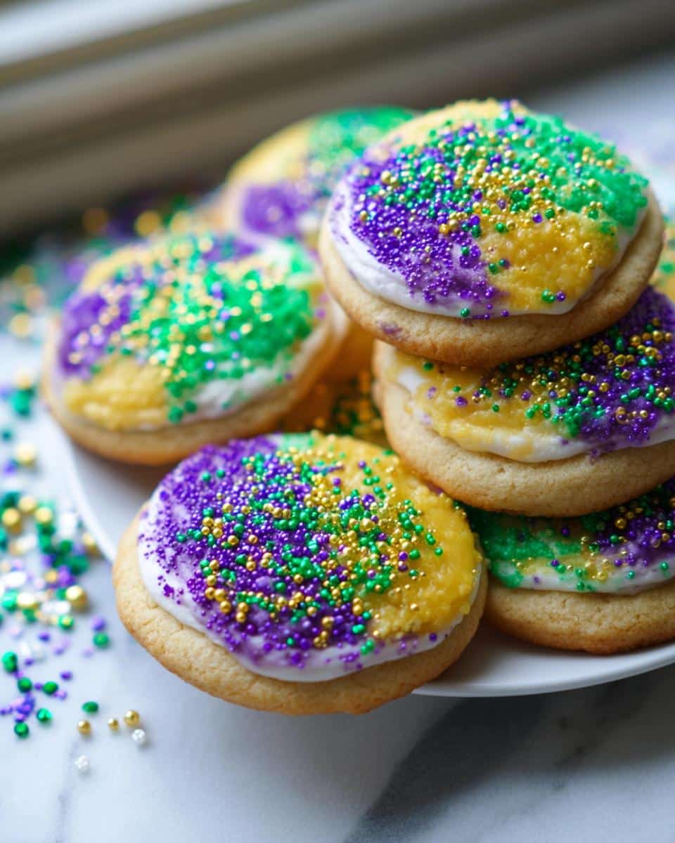 A stack of Mardi Gras Cake Mix Cookies topped with purple, green, and gold icing and sprinkles.