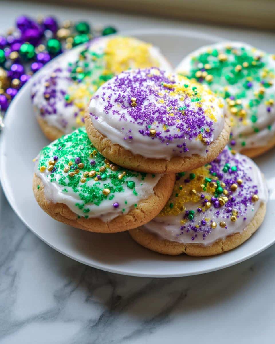 A stack of frosted Mardi Gras Cake Mix Cookies topped with purple, green, and gold sprinkles on a white plate.