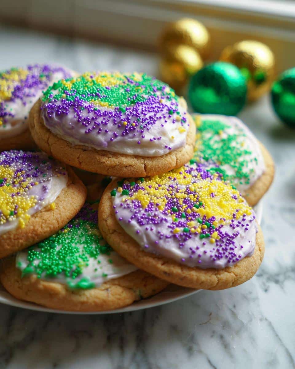 A stack of Mardi Gras Cake Mix Cookies topped with white and purple icing and green, yellow, and purple sprinkles.