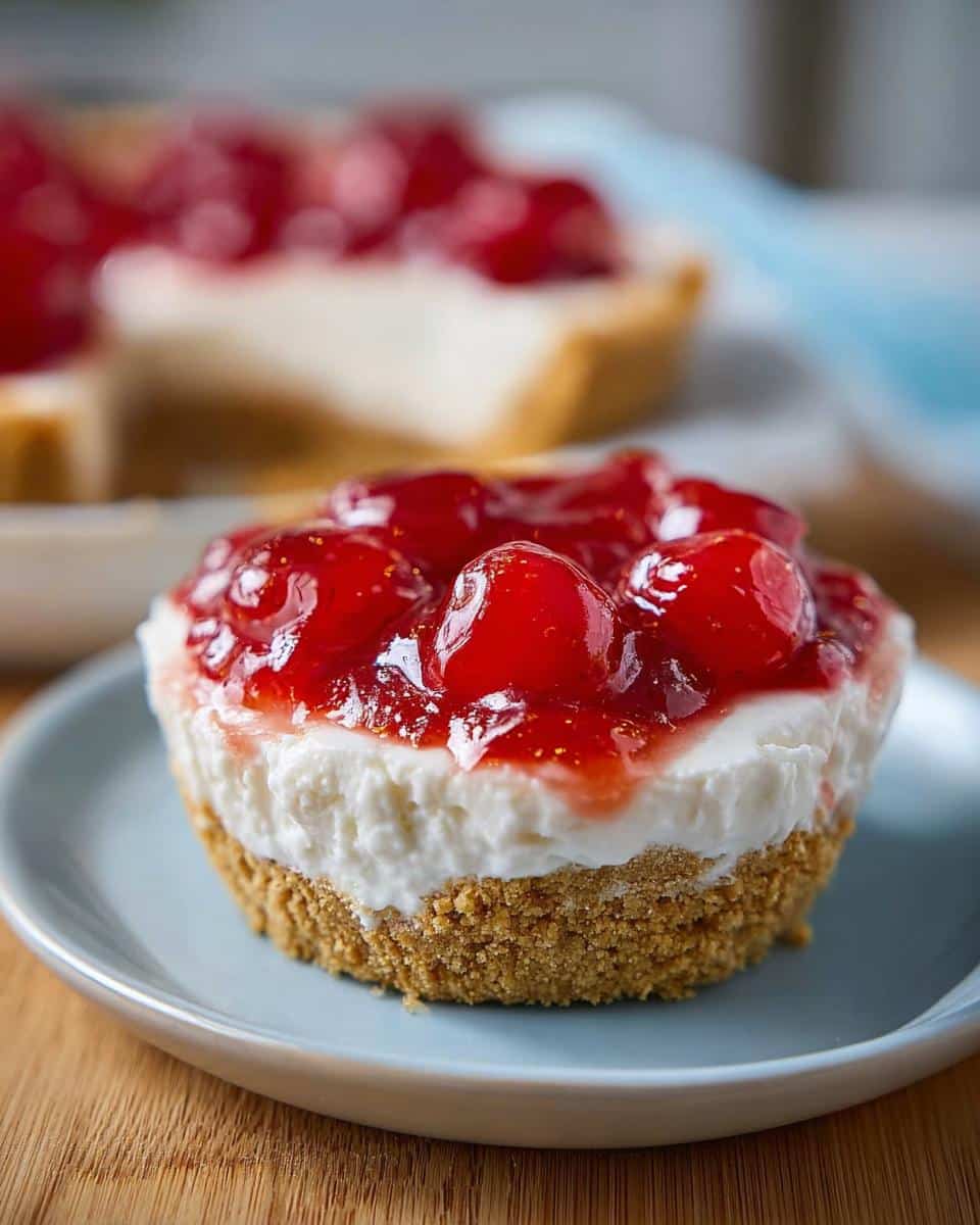 Close-up of a single Mardi Gras No-Bake Cheesecake Cup with a graham cracker crust and bright red cherry topping.