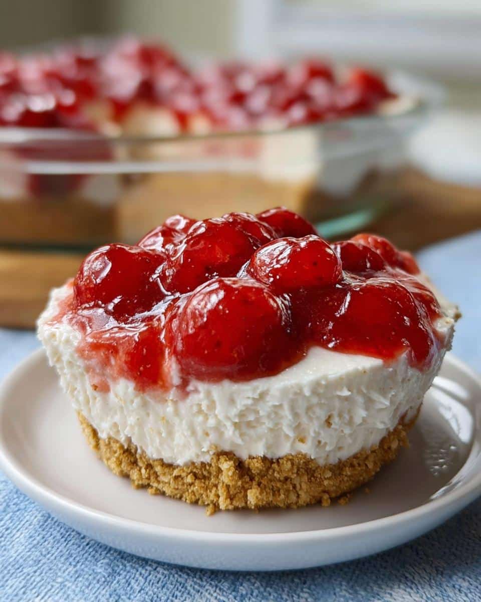 Close-up of a single Mardi Gras No-Bake Cheesecake Cup with a thick graham cracker crust and strawberry topping.