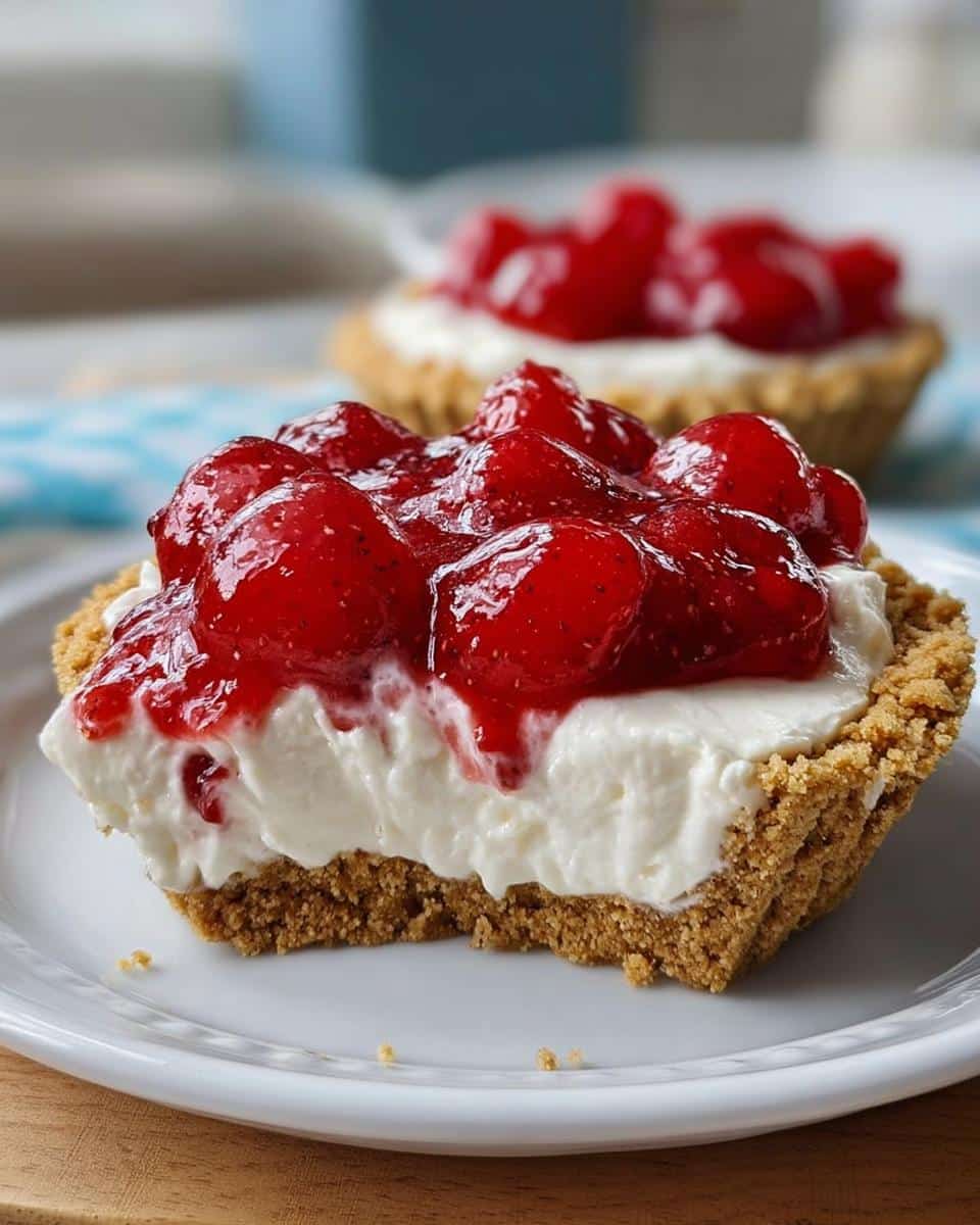 Close-up of a Mardi Gras No-Bake Cheesecake Cup with a thick graham cracker crust, creamy filling, and strawberry topping.