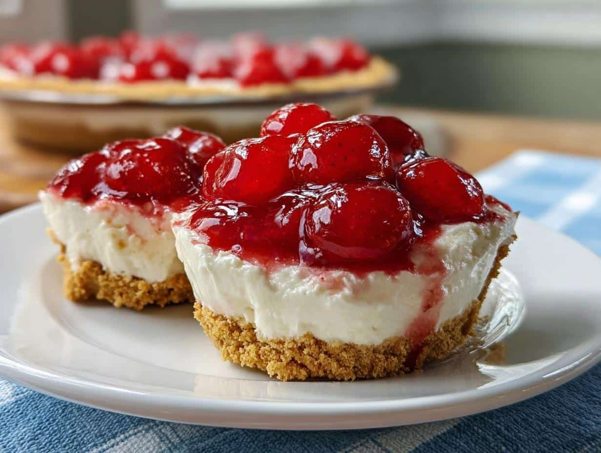 Two individual Mardi Gras No-Bake Cheesecake Cups topped with glossy, bright red strawberry glaze and whole strawberries.