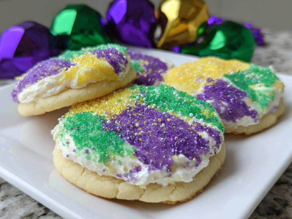 Close-up of Mardi Gras Sugar Cookies topped with white frosting and purple, green, and gold sprinkles.