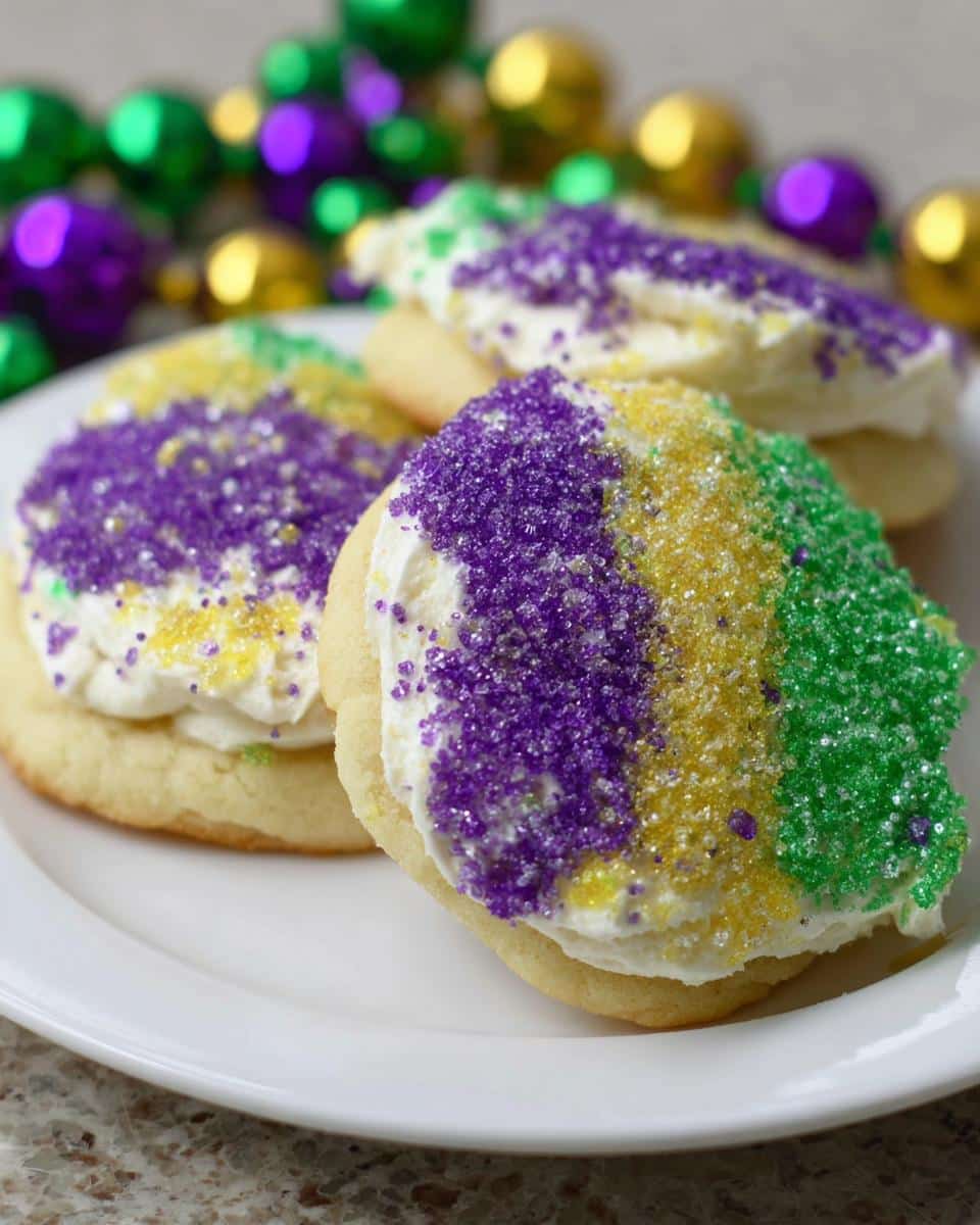 Three frosted Mardi Gras Sugar Cookies decorated with purple, gold, and green sprinkles on a white plate.