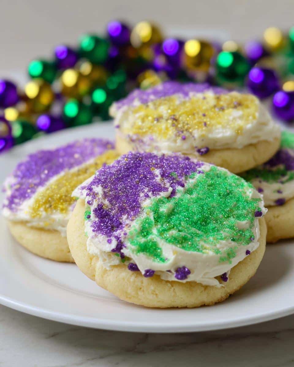 Close-up of frosted Mardi Gras Sugar Cookies topped with purple, green, and gold sprinkles on a white plate.