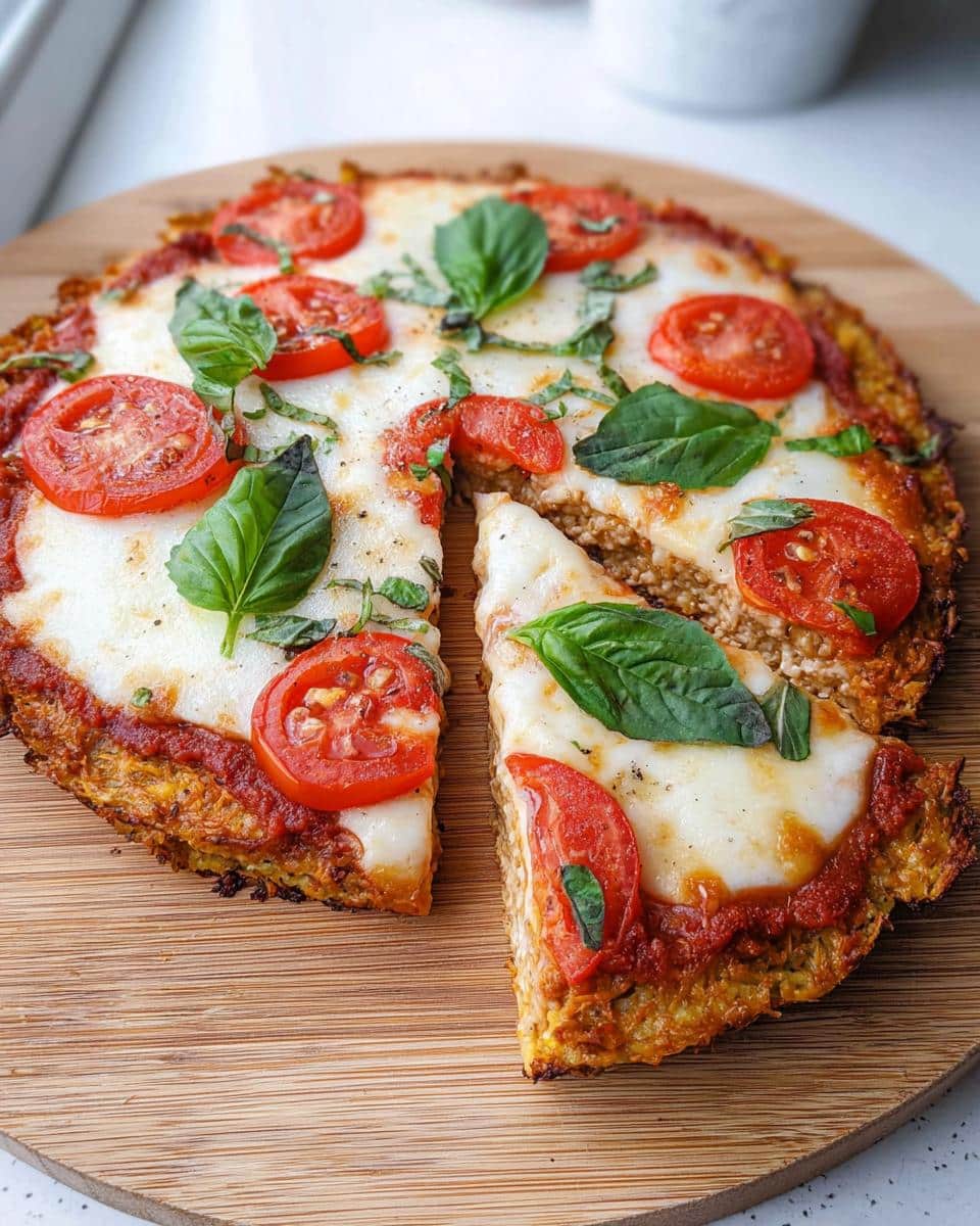 A slice cut from a round Chicken Crust Pizza topped with melted mozzarella, tomato slices, and fresh basil.