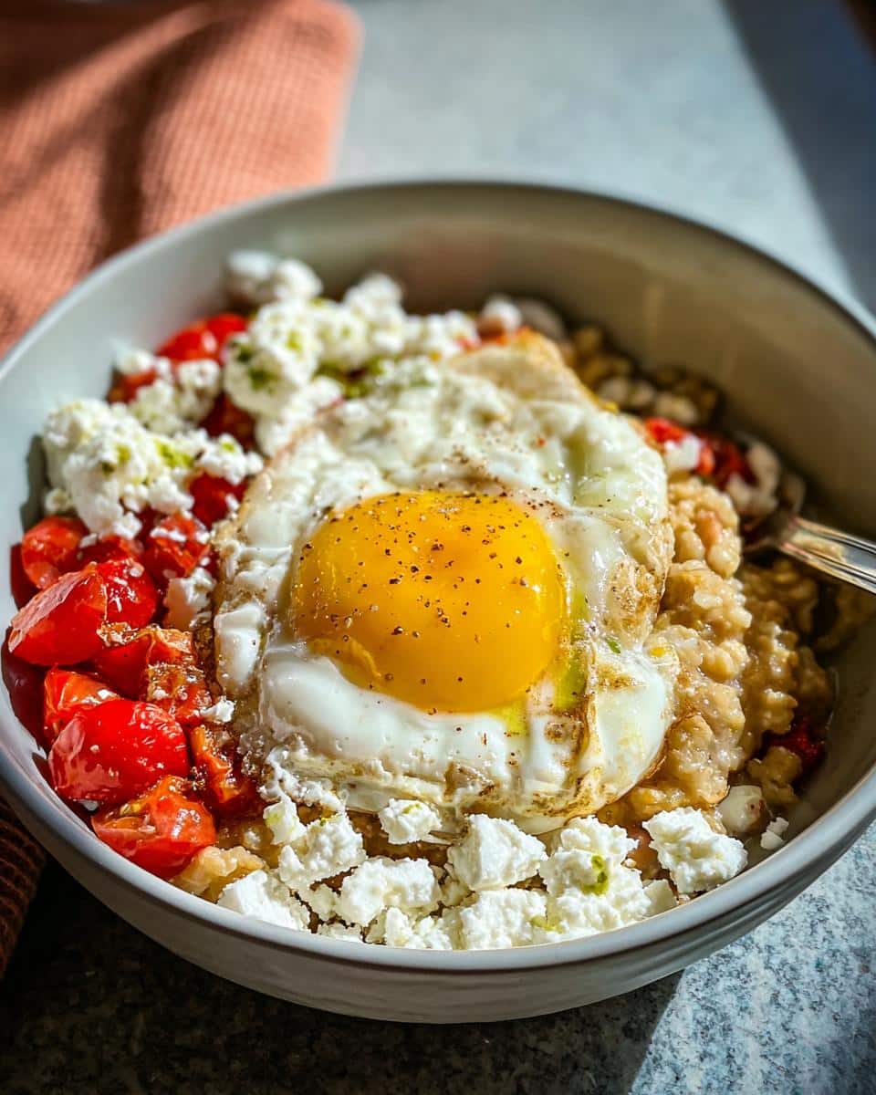 A bowl of Mediterranean Savory Overnight Oats topped with a sunny-side-up egg, feta cheese, and roasted tomatoes.