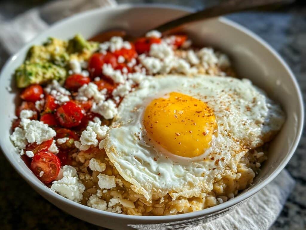 A bowl of Mediterranean Savory Overnight Oats topped with a sunny-side-up egg, feta cheese, tomatoes, and avocado.
