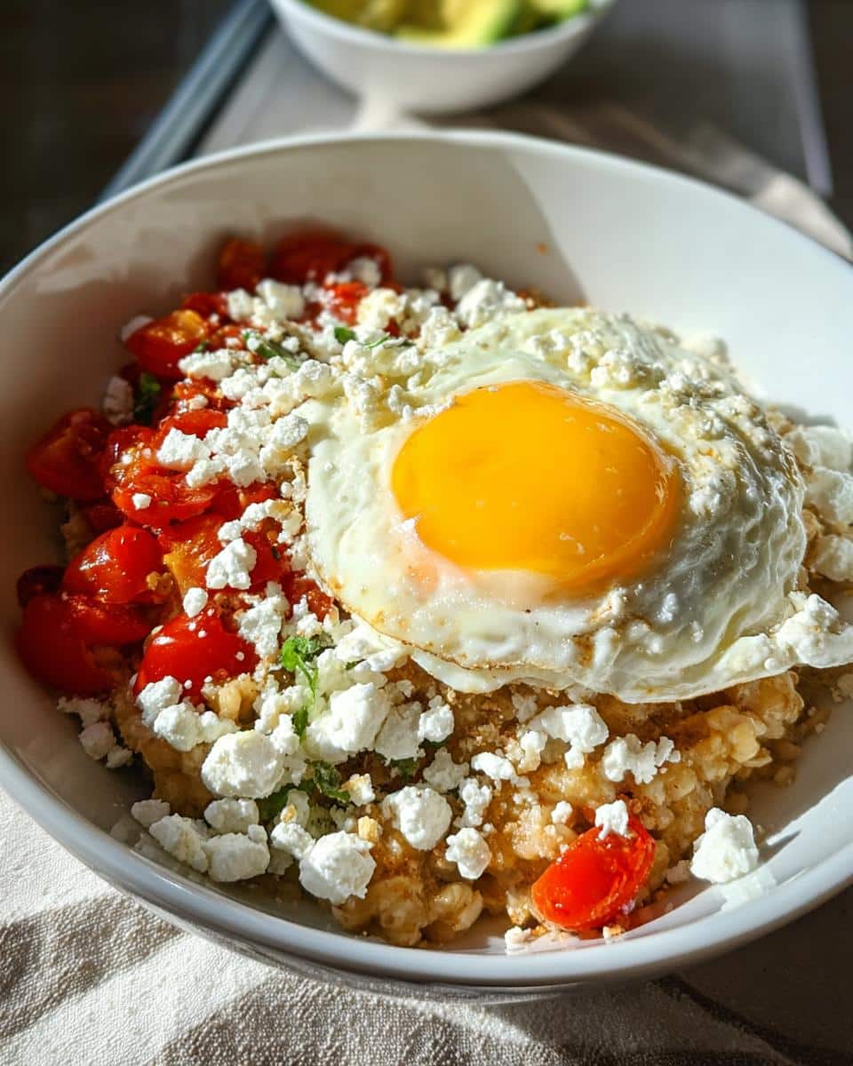 A bowl of Mediterranean Savory Overnight Oats topped with a sunny-side-up egg, feta cheese, and roasted tomatoes.