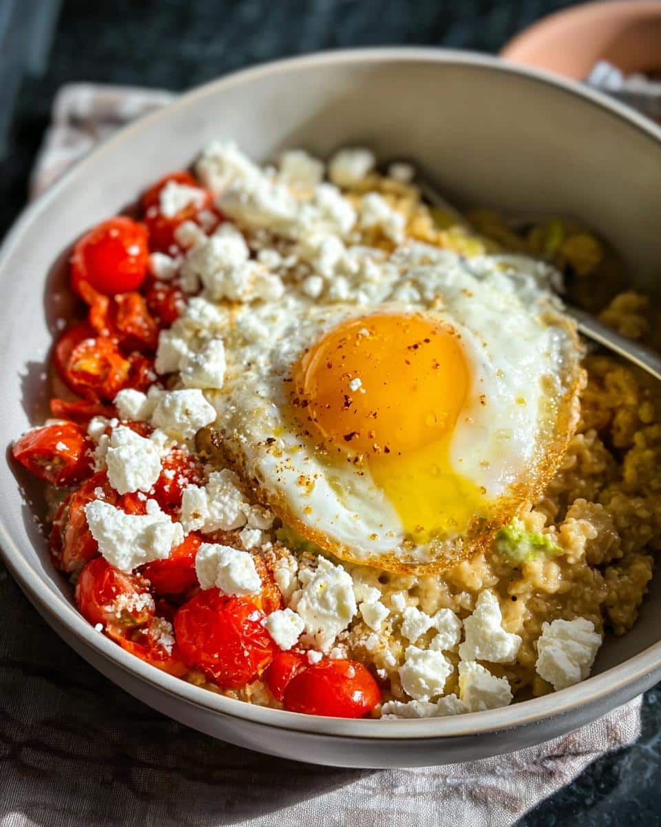 A bowl of Mediterranean Savory Overnight Oats topped with a sunny-side-up egg, roasted cherry tomatoes, and crumbled feta cheese.