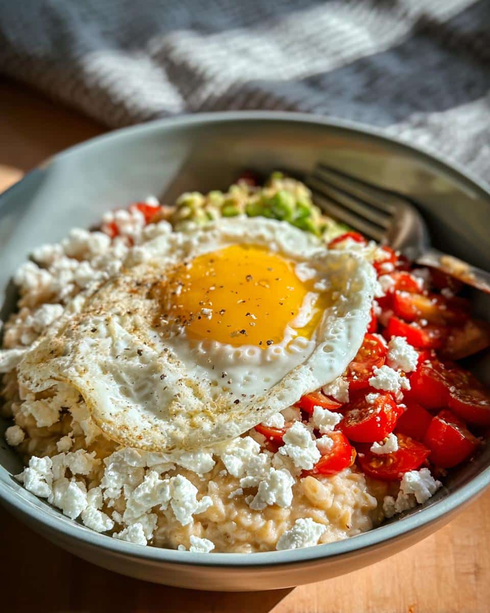 A bowl of Mediterranean Savory Overnight Oats topped with a sunny-side-up egg, feta cheese, and cherry tomatoes.