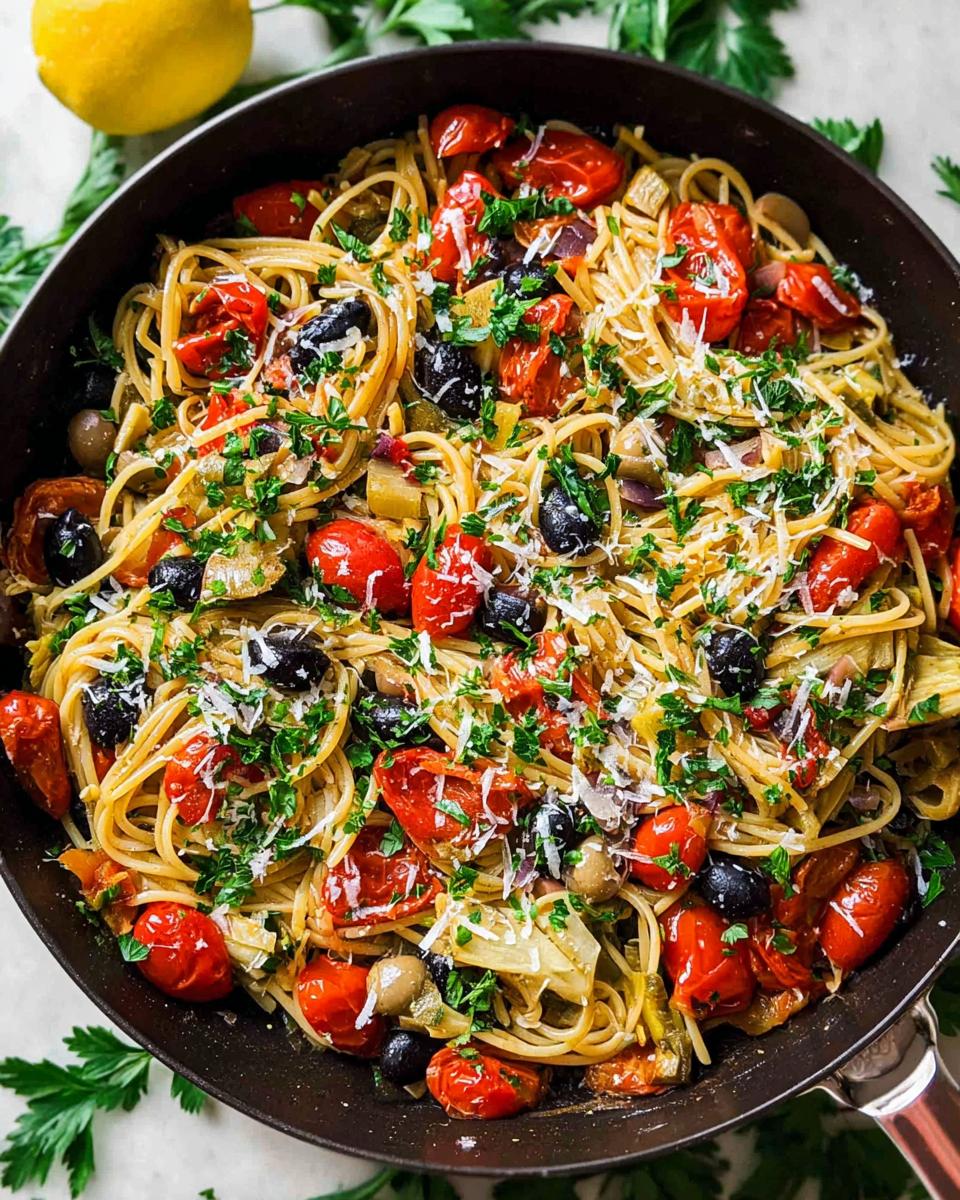 A close-up overhead view of Mediterranean Veggie Pasta tossed with roasted cherry tomatoes, black olives, and artichoke hearts in a dark skillet.