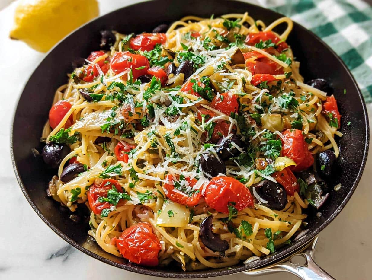 Close-up of Mediterranean Veggie Pasta tossed with roasted tomatoes, black olives, and fresh parsley in a dark skillet.