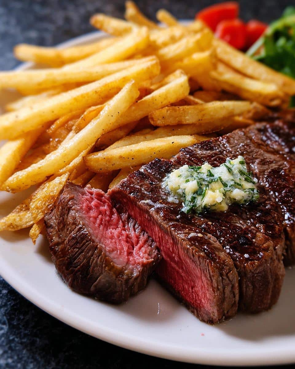 Close-up of a perfectly cooked medium-rare steak, sliced, topped with herb butter, served with french fries for a Romantic Steak Dinner for Two.