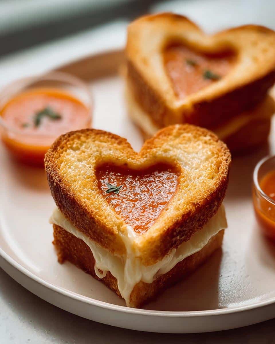 Close-up of a Mini Grilled Cheese Heart sandwich with melted cheese oozing out, served with tomato dipping soup.
