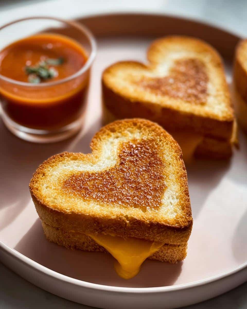 Close-up of a Mini Grilled Cheese Heart with melted cheese oozing out, served next to tomato soup.