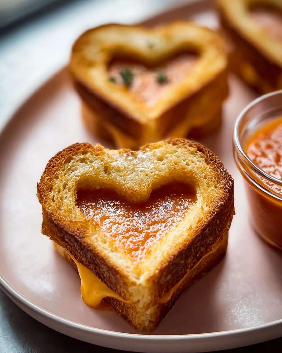 A close-up of a Mini Grilled Cheese Heart filled with tomato soup, served on a pink plate next to a dipping bowl.