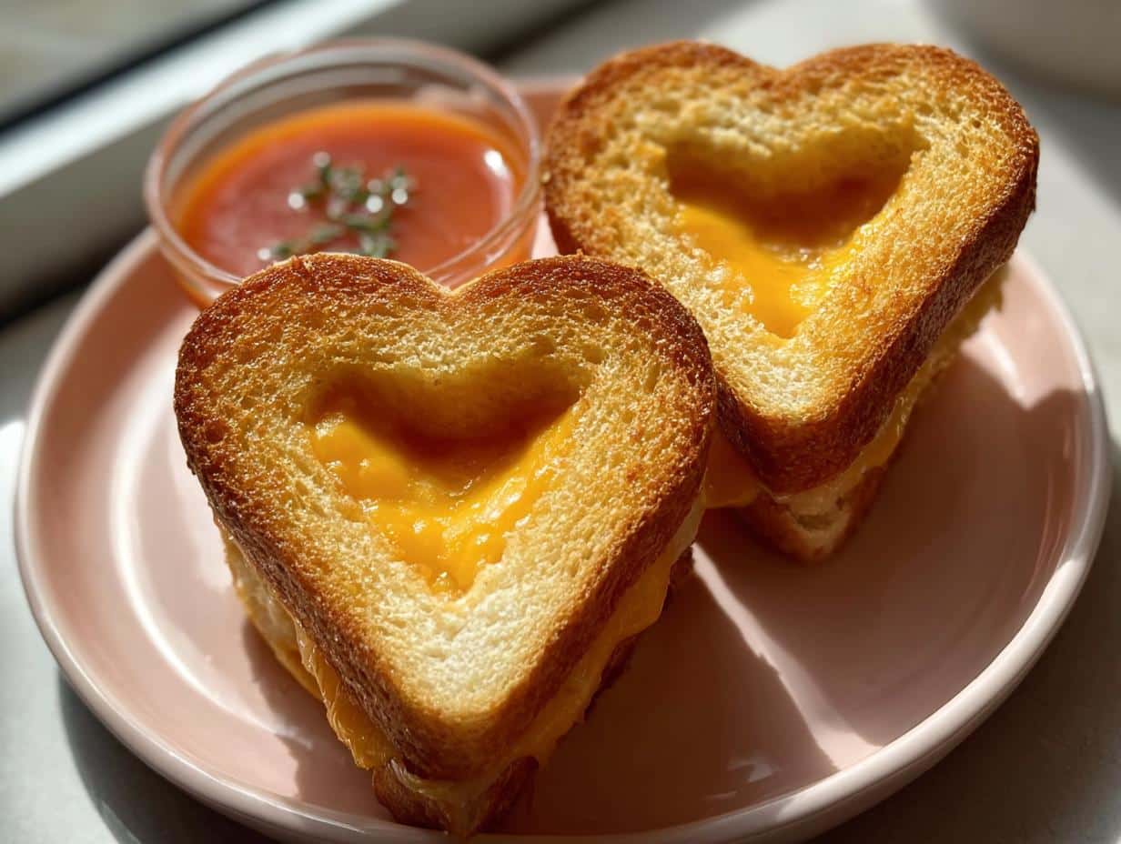 Two golden brown Mini Grilled Cheese Hearts with melted cheddar cheese served on a pink plate next to tomato soup.