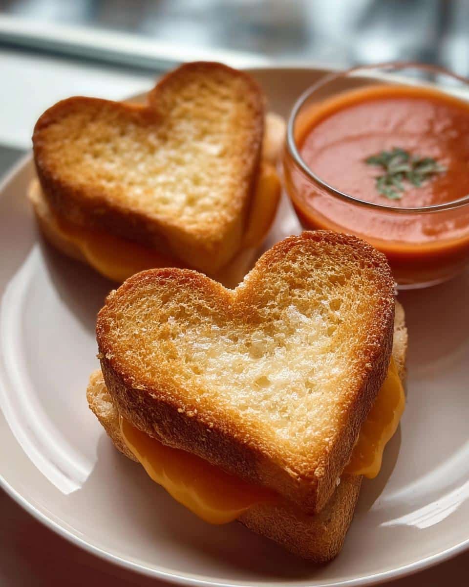 Two golden brown Mini Grilled Cheese Hearts served on a white plate next to a small glass of tomato soup.