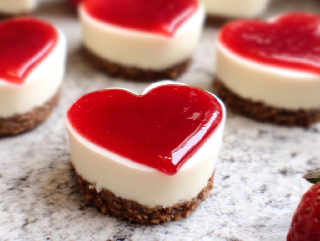 A close-up of one of the Mini Heart-Shaped Strawberry Cheesecakes with a bright red topping.