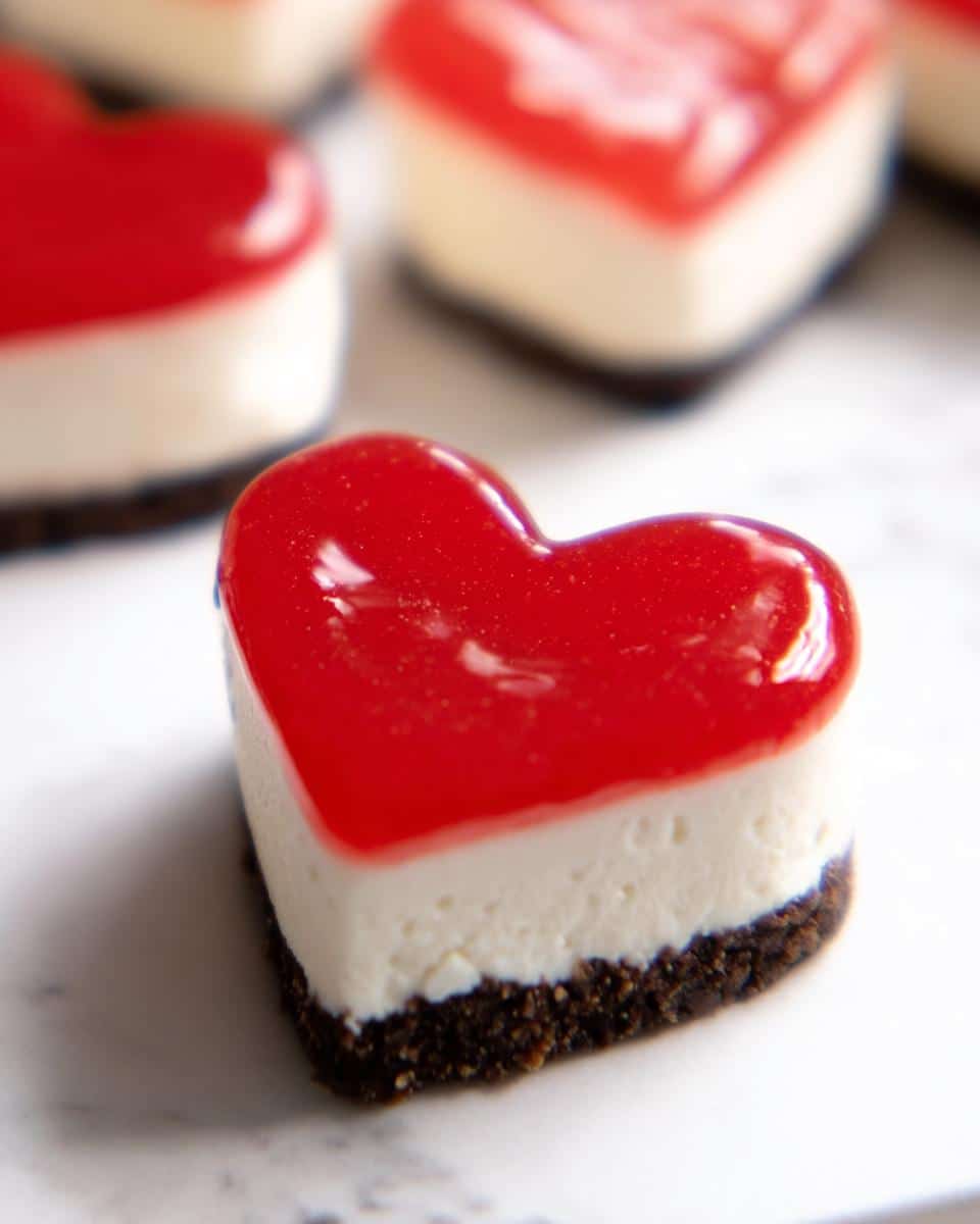 A close-up of one of the Mini Heart-Shaped Strawberry Cheesecakes, showing the dark crust, white filling, and glossy red topping.