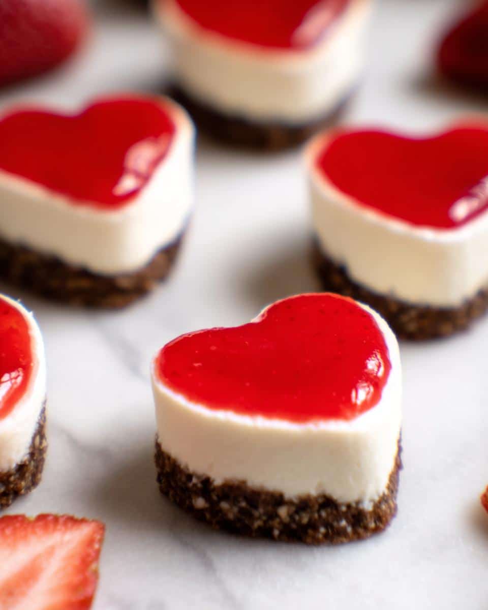 A close-up of several Mini Heart-Shaped Strawberry Cheesecakes with a bright red topping on a white surface.