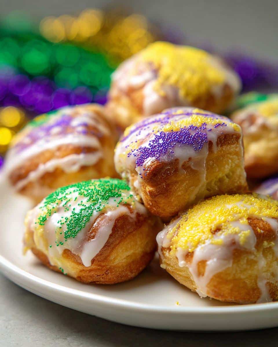 A stack of glazed Mini King Cake Bites topped with purple, green, and yellow Mardi Gras sprinkles on a white plate.