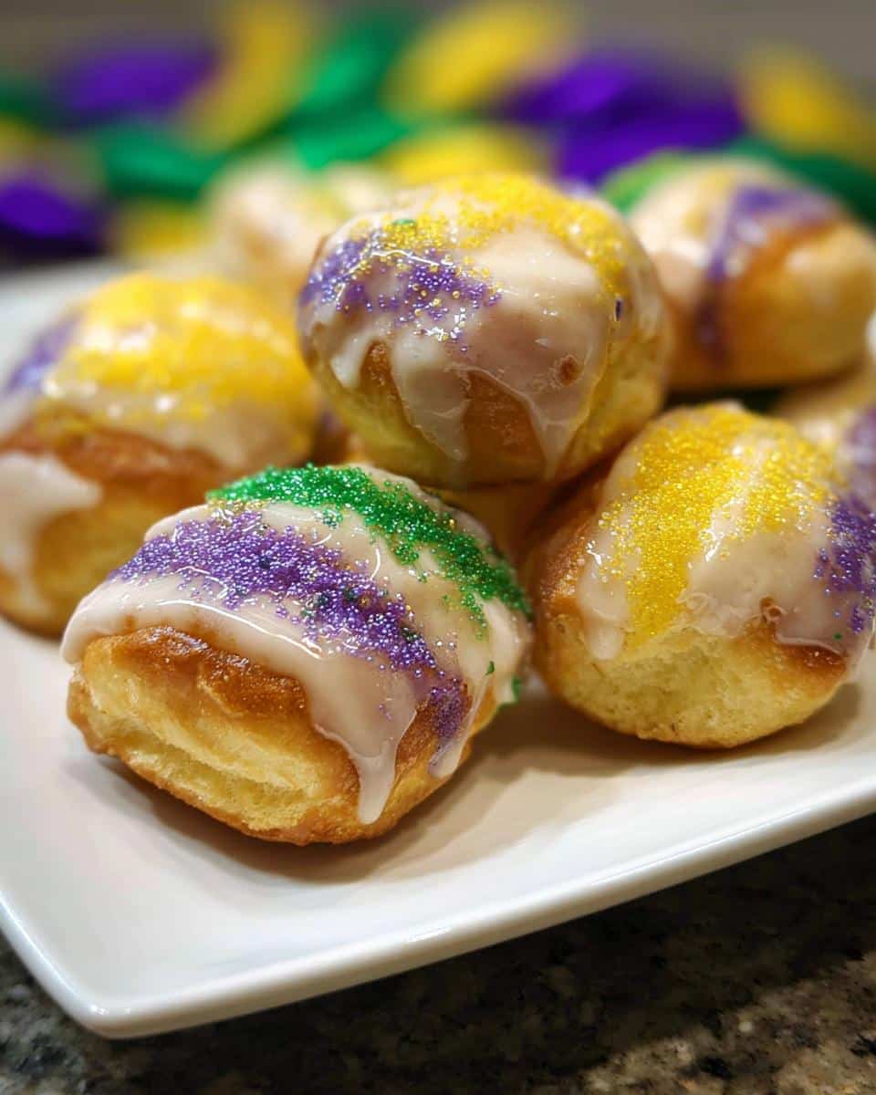 A close-up of several glazed Mini King Cake Bites topped with purple, green, and yellow Mardi Gras sprinkles on a white plate.