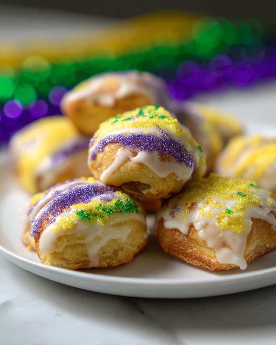 Close-up of several Mini King Cake Bites stacked on a white plate, drizzled with white icing and decorated with purple, green, and gold sprinkles.