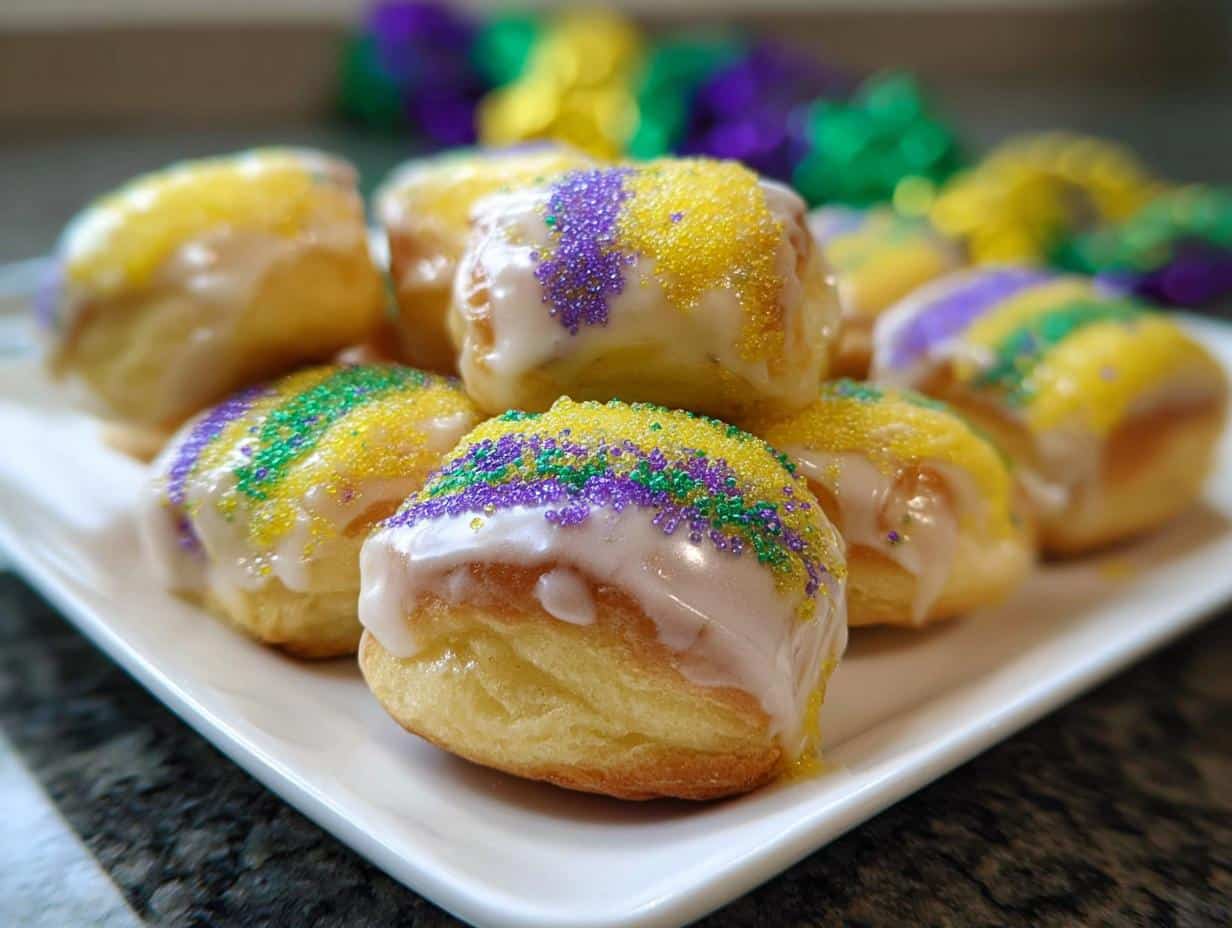Close-up of several Mini King Cake Bites topped with white icing and purple, green, and gold Mardi Gras sprinkles.
