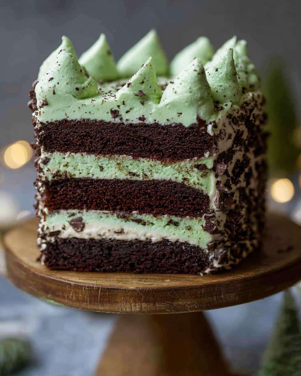Close-up of a slice of 3-layer Mint Chocolate Chip Cake with dark chocolate layers and mint frosting.