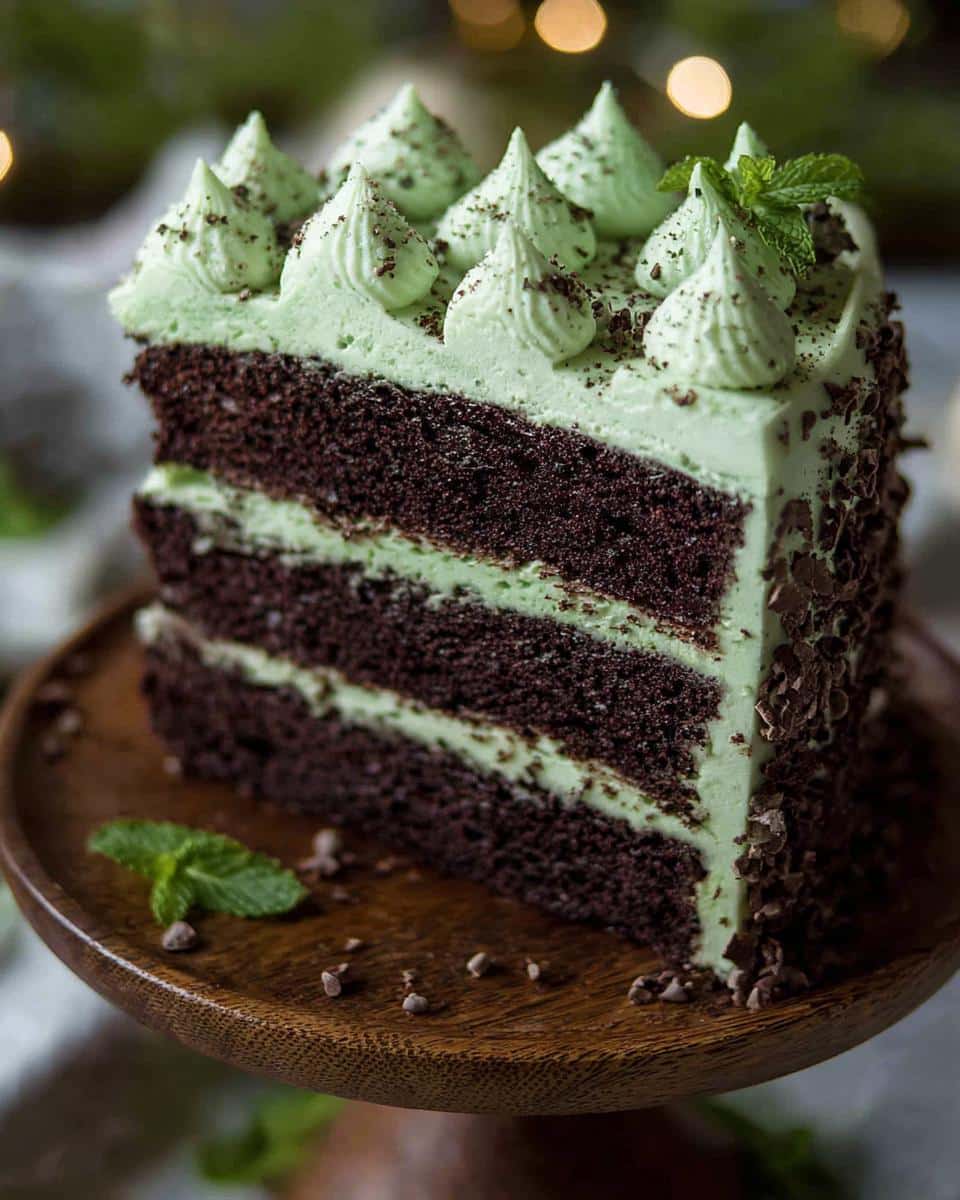 A decadent slice of 3-layer Mint Chocolate Chip Cake showing dark chocolate layers and mint green frosting.