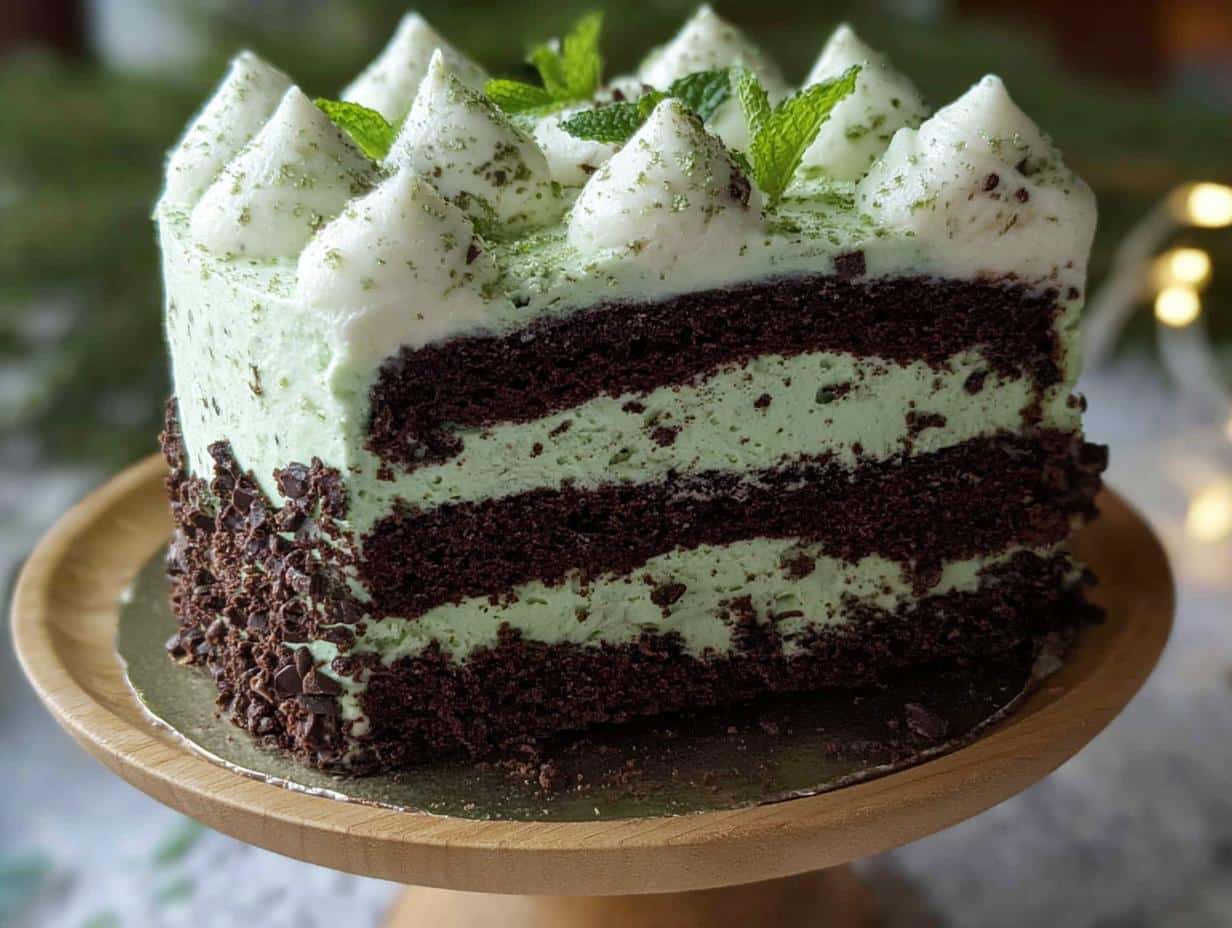 Close-up of a slice of Mint Chocolate Chip Cake showing dark chocolate layers and mint green filling.