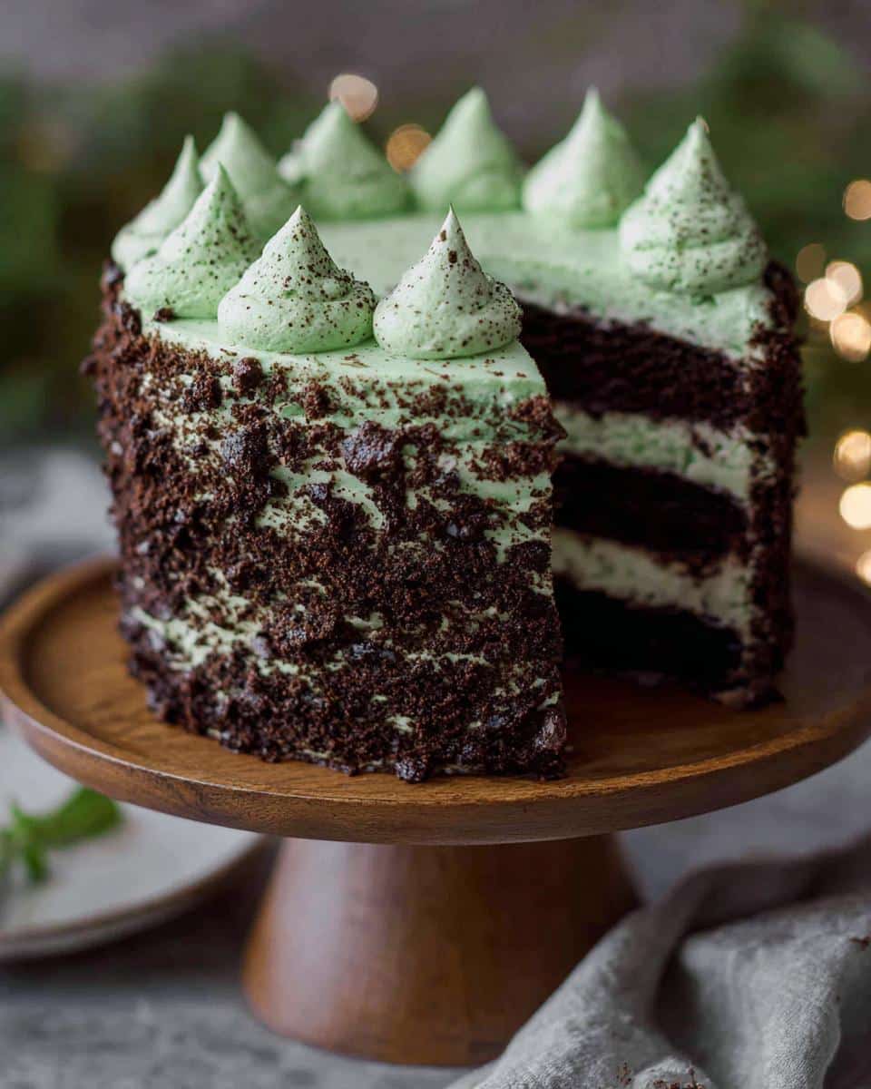 A decadent slice removed from a three-layer Mint Chocolate Chip Cake showing dark chocolate layers and light green mint frosting.