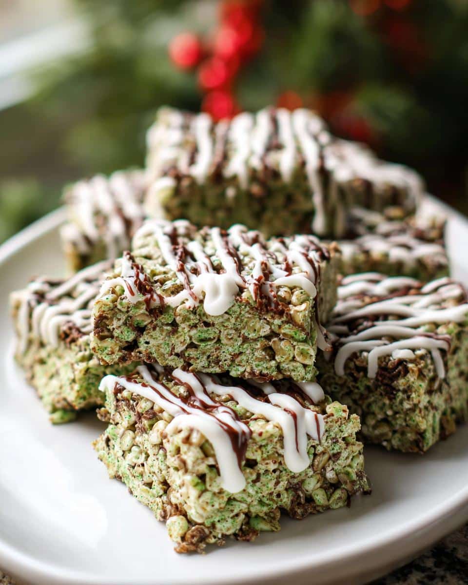 Close-up of stacked Mint Chocolate Chip Rice Krispie Treats drizzled with white and dark chocolate.