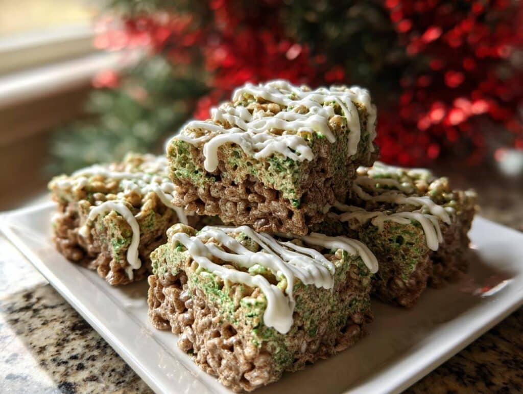 Four stacked Mint Chocolate Chip Rice Krispie Treats with green and brown layers and white icing drizzle.