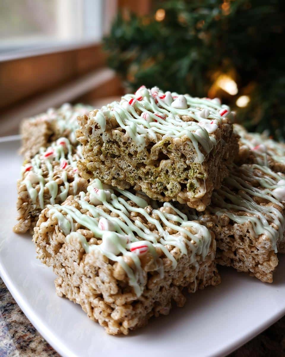 Close-up of stacked Mint Chocolate Chip Rice Krispie Treats drizzled with mint icing and crushed candy canes.