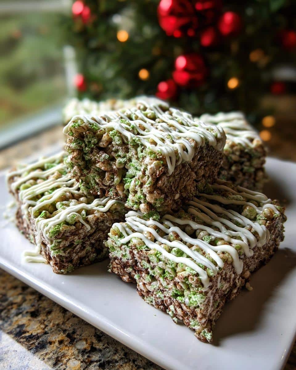 Close-up of stacked Mint Chocolate Chip Rice Krispie Treats drizzled with white chocolate on a white plate.