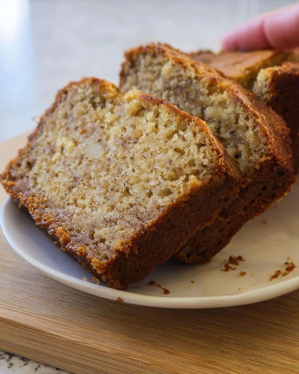 Close-up of several thick slices of moist Air Fryer Banana Bread served on a white plate.