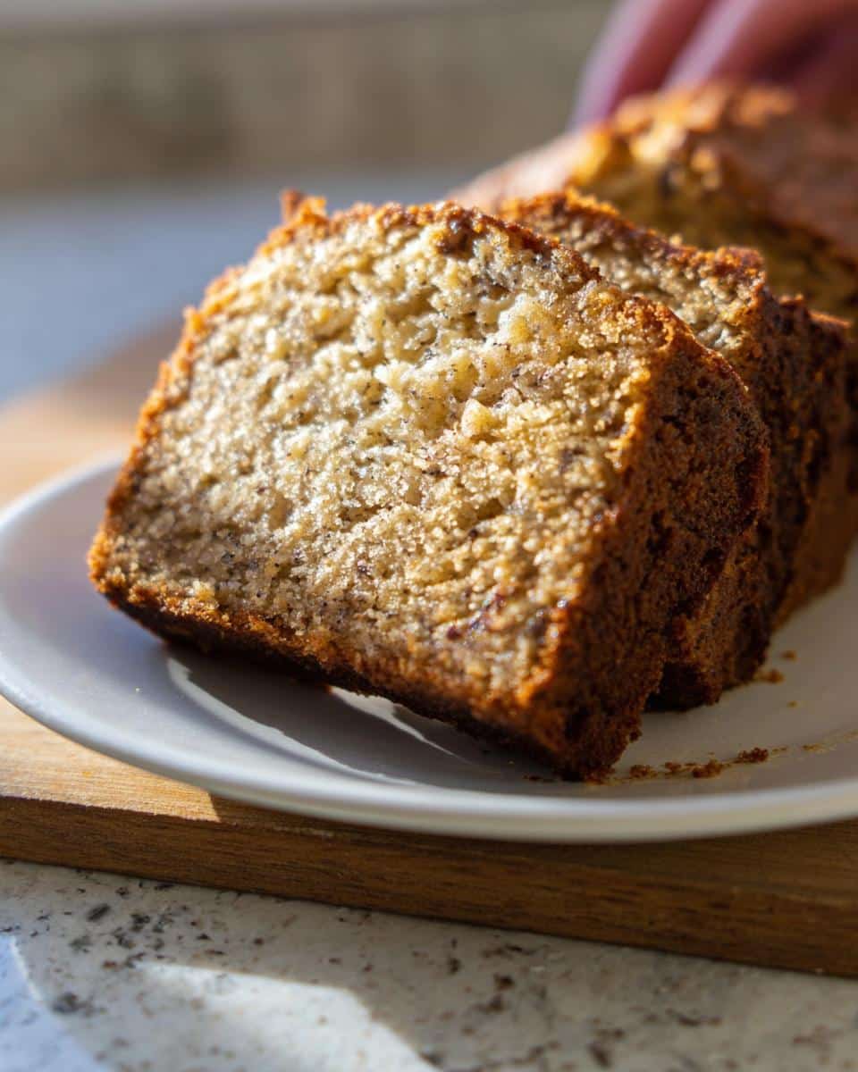 Close-up of moist, golden brown slices of Air Fryer Banana Bread served on a white plate.