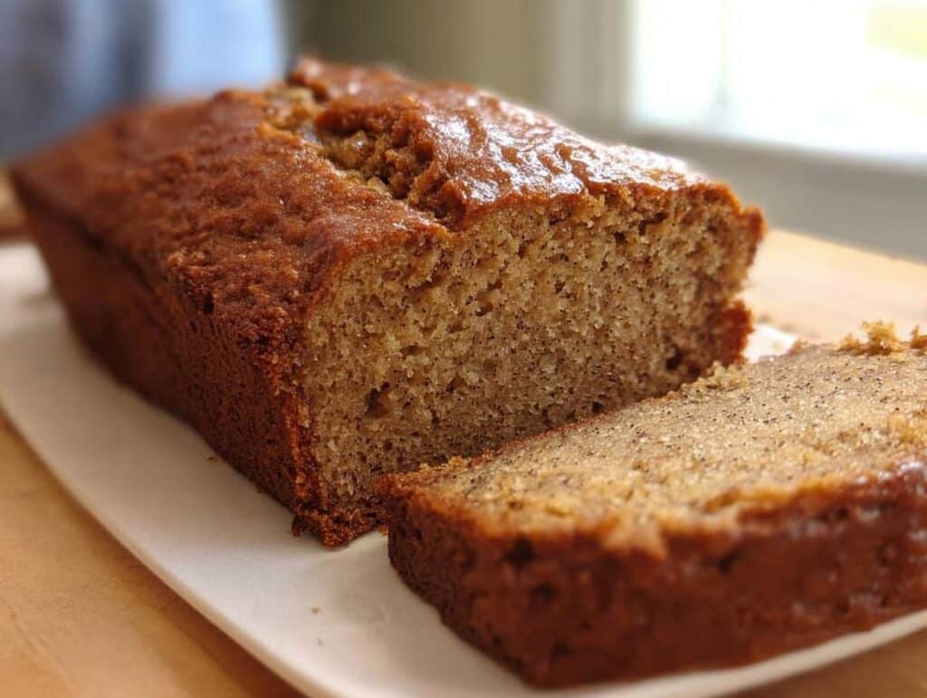 Close-up of a freshly baked, moist loaf of Allergy-Friendly Banana Bread with one slice cut and resting beside it.