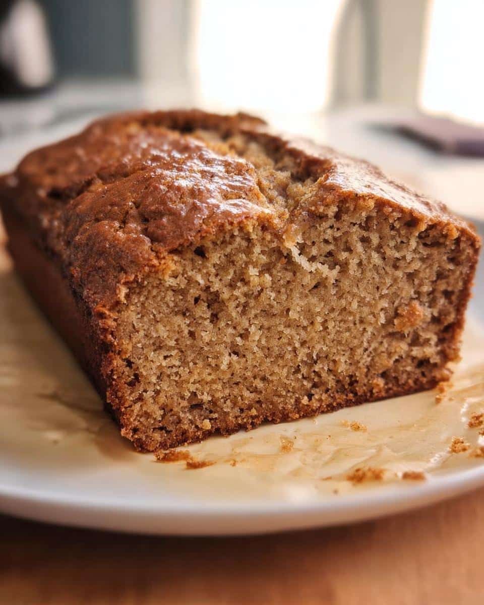 A close-up of a freshly baked loaf of moist Allergy-Friendly Banana Bread, showing the tender crumb texture.