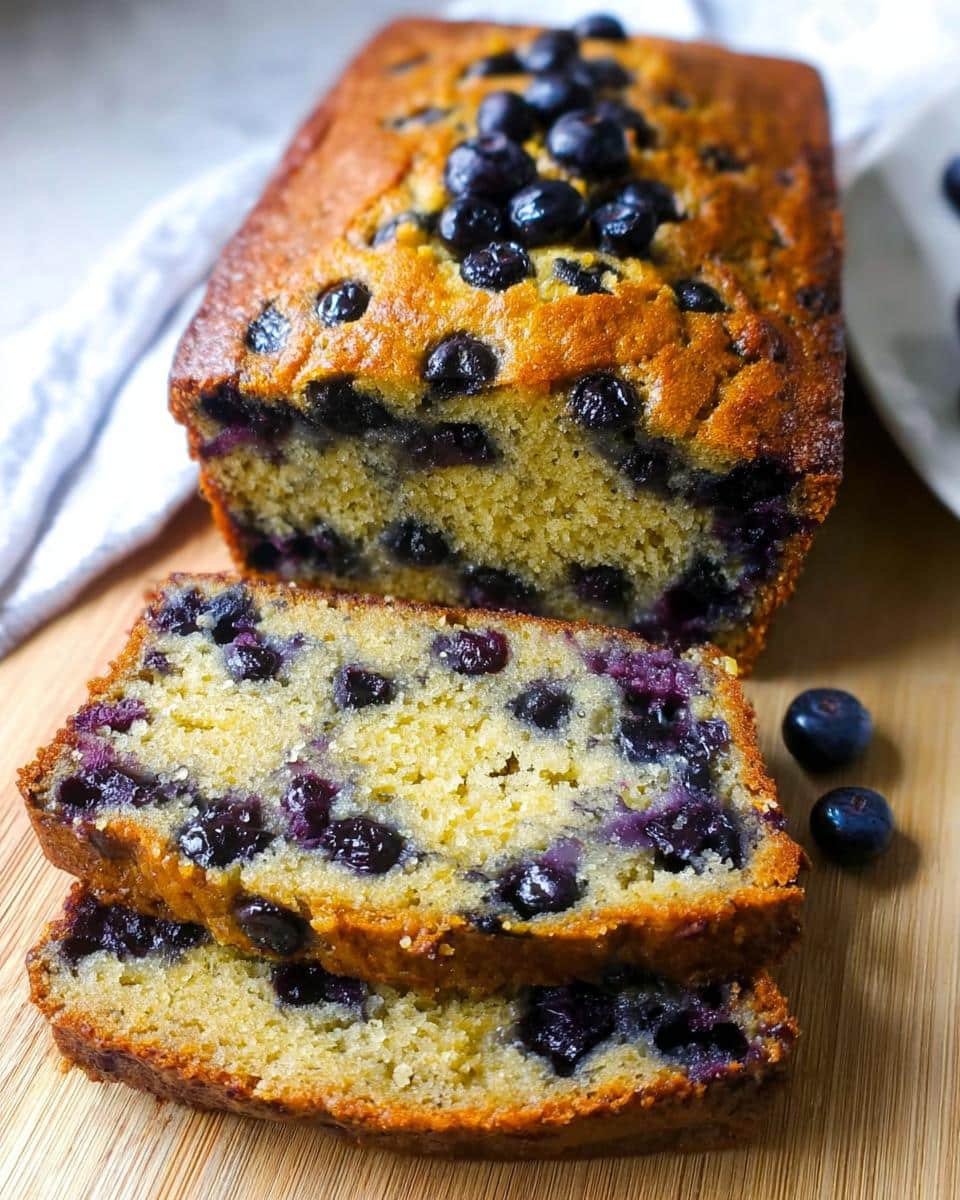 A moist loaf of Blueberry Banana Bread, partially sliced, showing the dense crumb packed with blueberries.