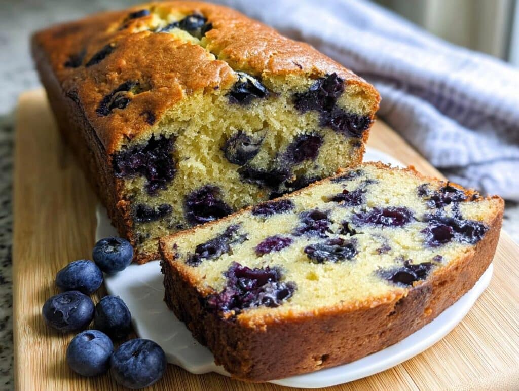 A moist loaf of Blueberry Banana Bread, partially sliced, revealing dense blueberries inside.