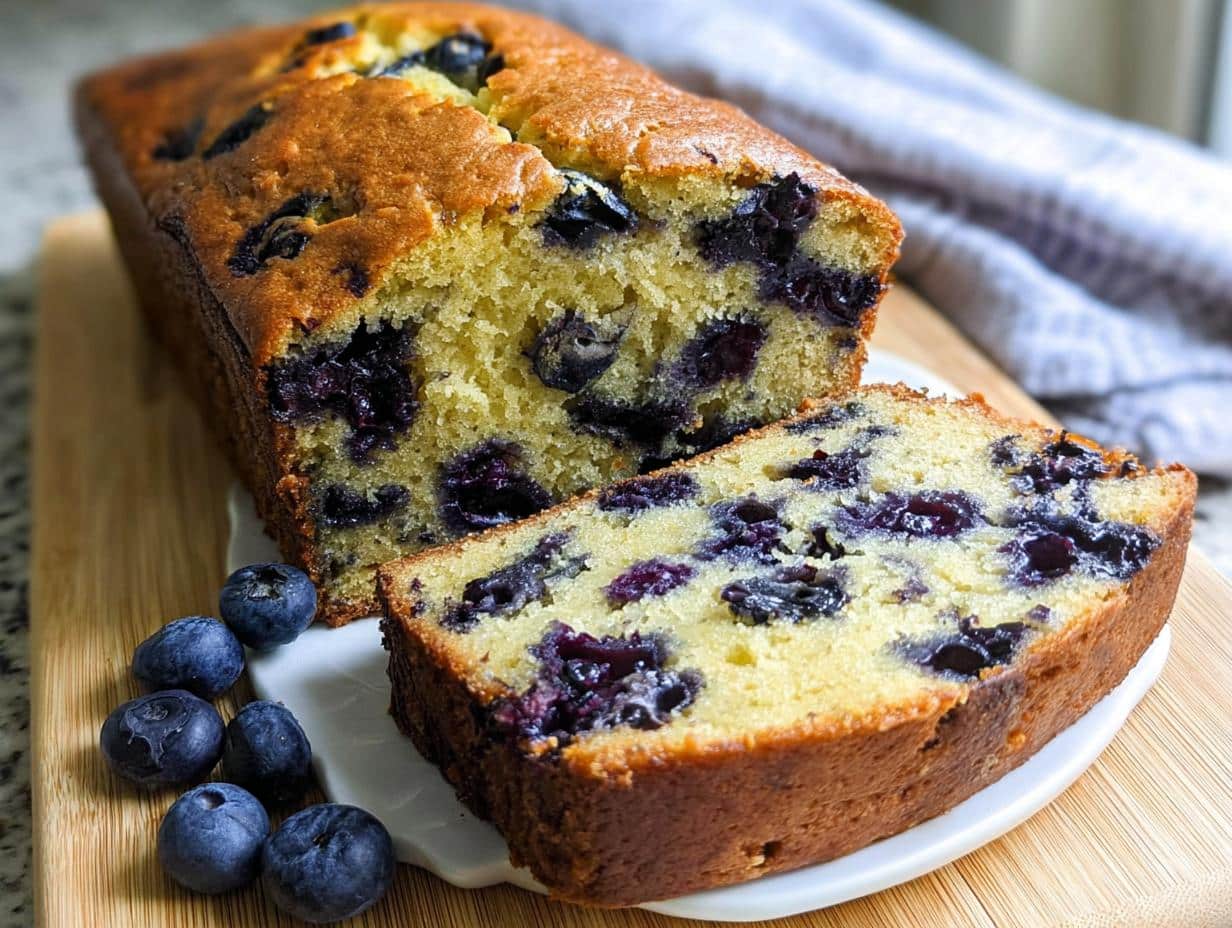 A moist loaf of Blueberry Banana Bread, partially sliced, revealing dense blueberries inside.