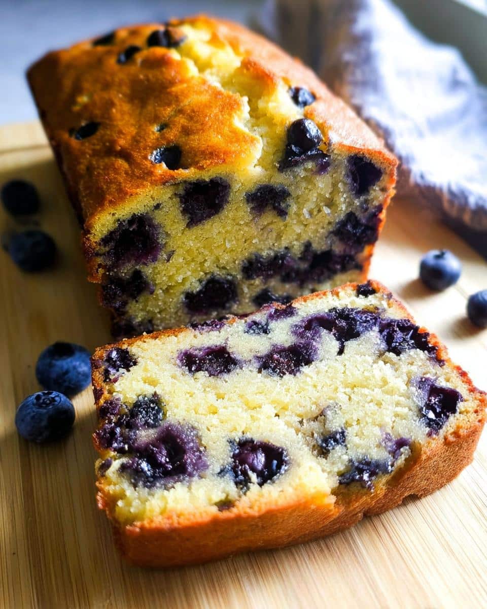 Close-up of a moist slice of Blueberry Banana Bread showing rich purple blueberries embedded in the yellow crumb, with the rest of the loaf behind it.