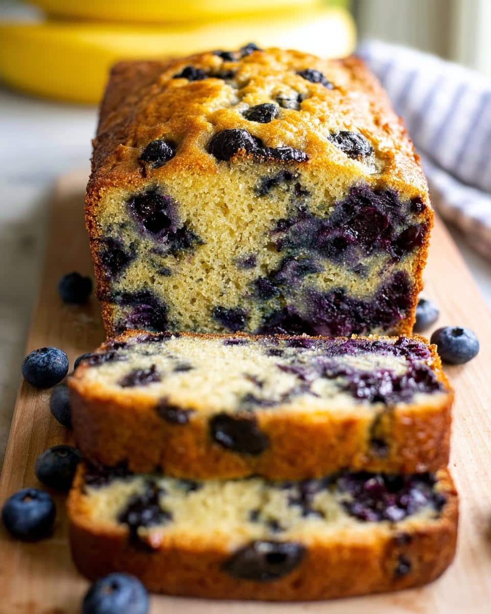 A sliced loaf of moist Blueberry Banana Bread packed with blueberries on a wooden board.