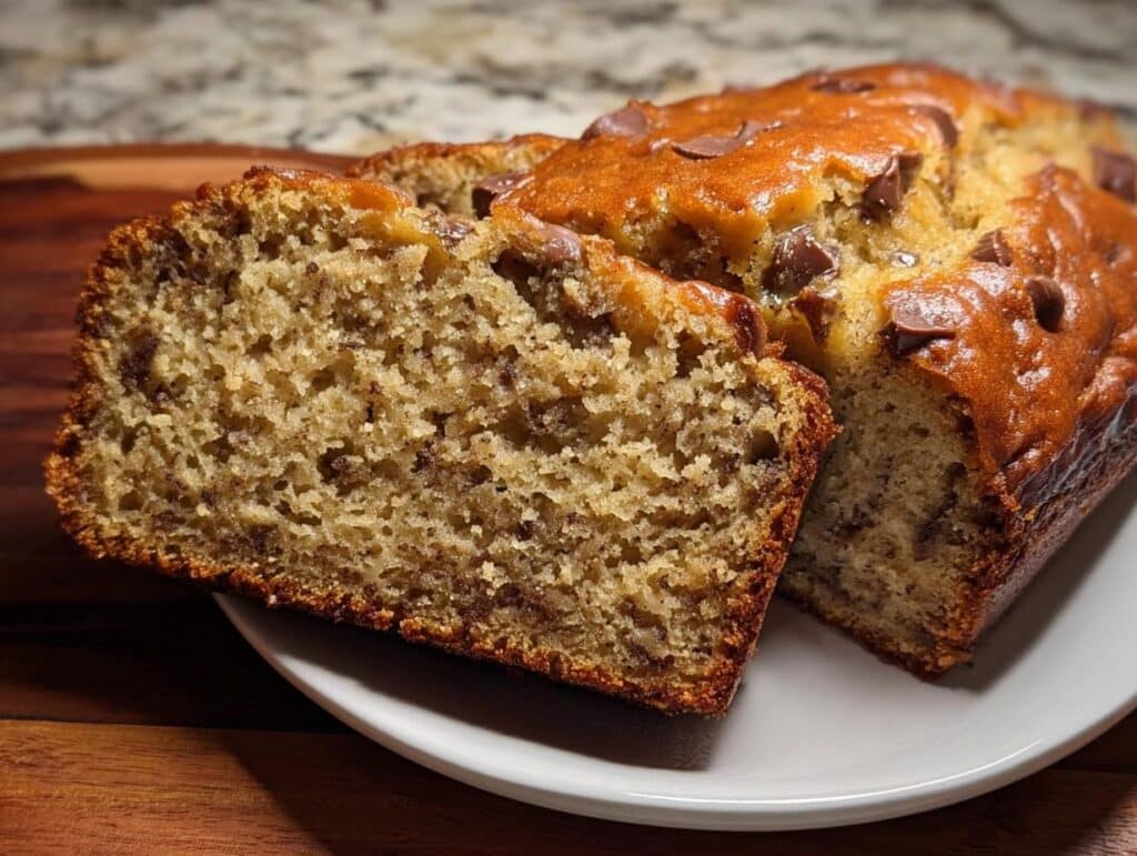 Close-up of a slice of Moist Cake Mix Banana Bread (3 Ingredients) with chocolate chips on top.