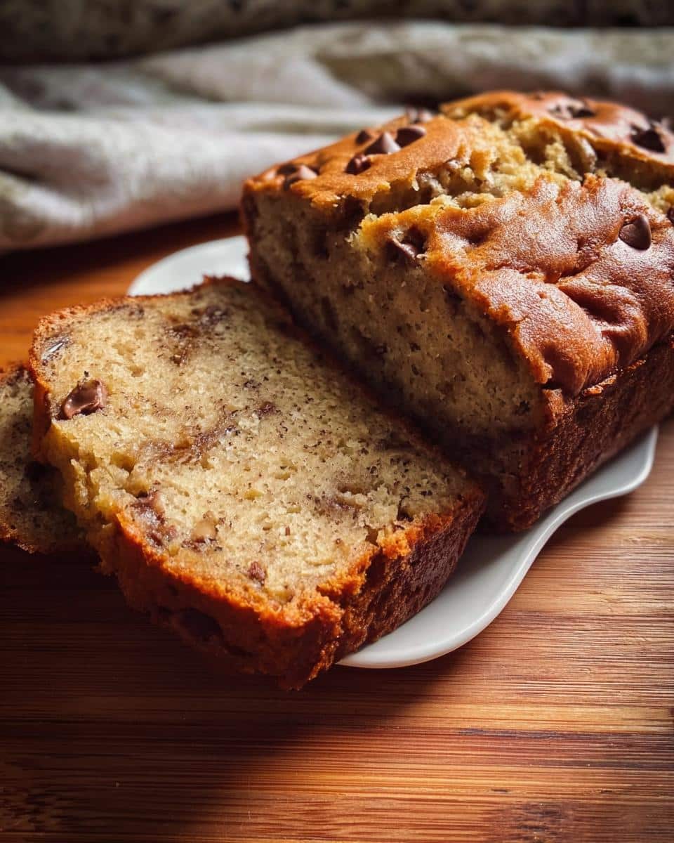 A loaf of Moist Cake Mix Banana Bread with chocolate chips, partially sliced on a white plate.